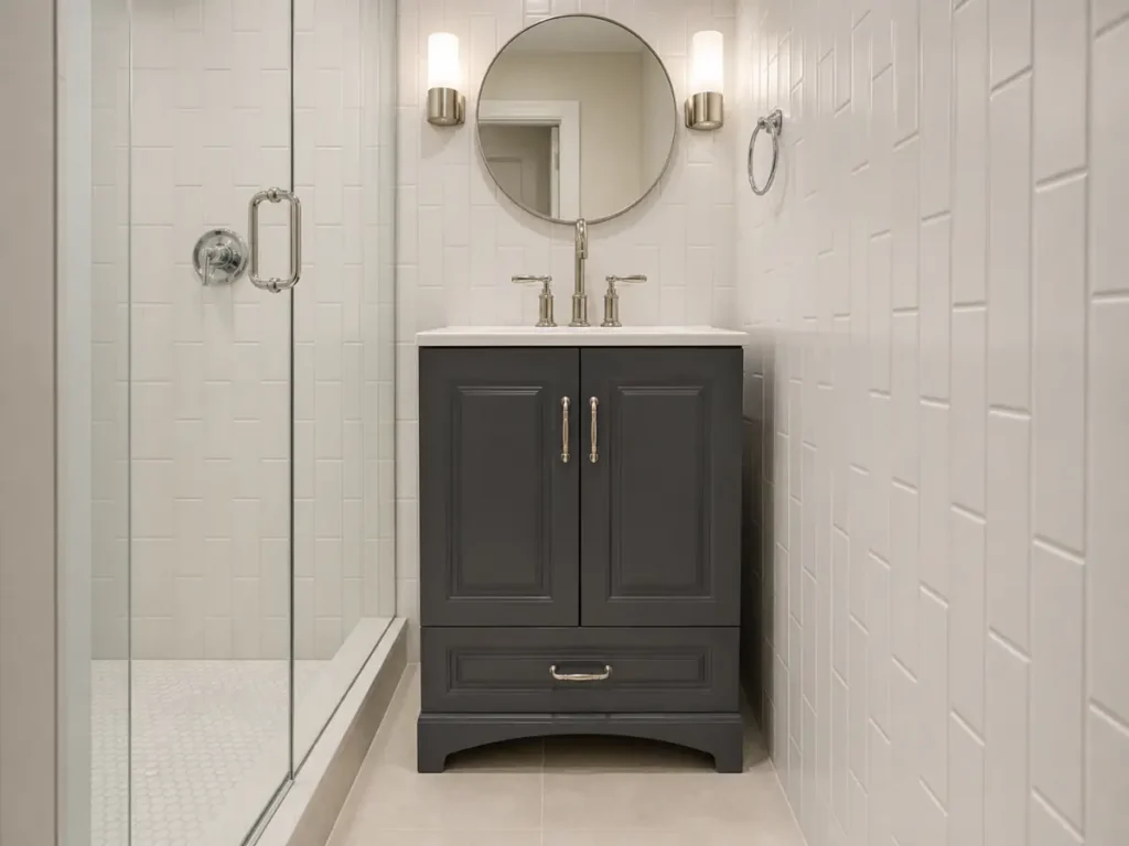 Completed compact brownstone bathroom with charcoal vanity and dimensional white tile