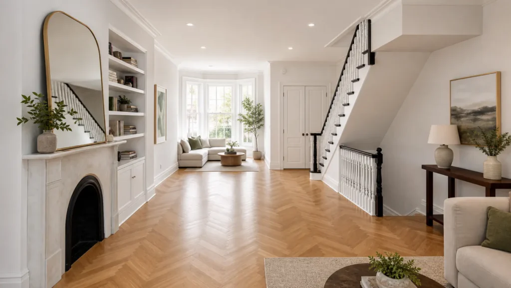Renovated 5th Avenue Brooklyn brownstone parlor with chevron oak flooring and restored staircase