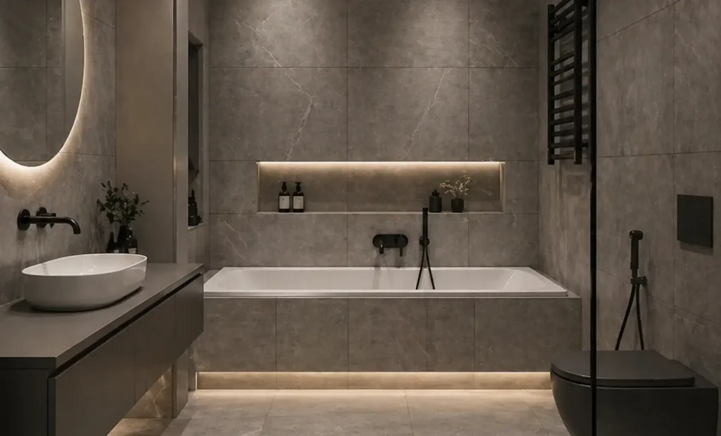 Completed NYC bathroom renovation with large-format tile, floating vanity, tub, and integrated lighting