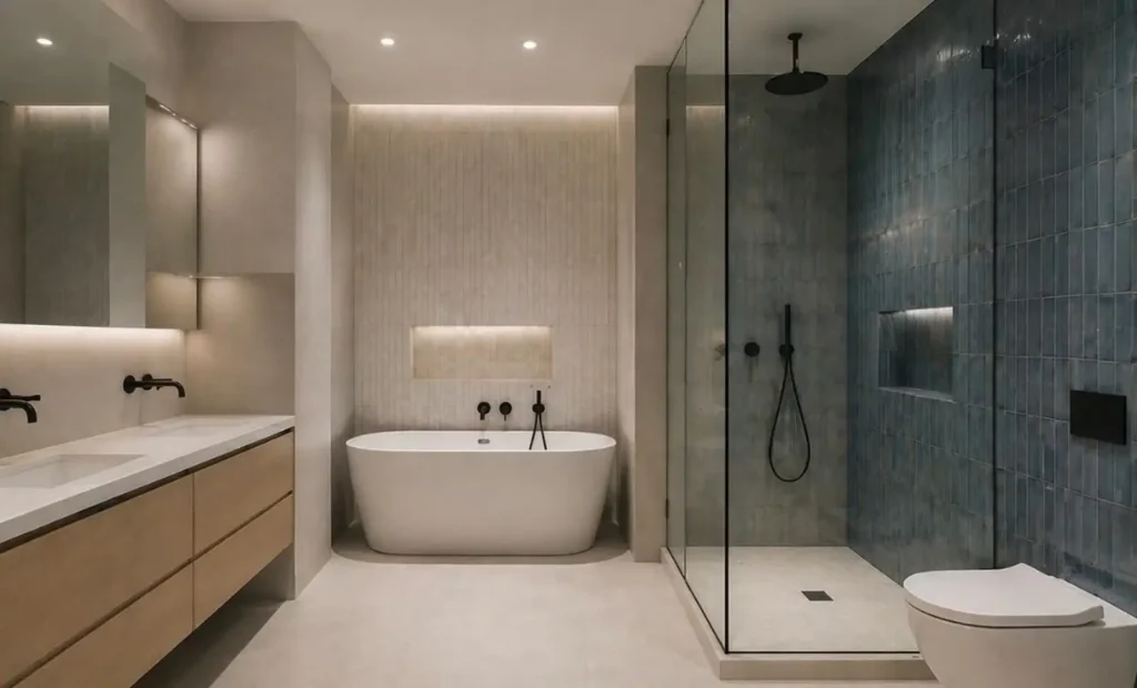 Completed NYC bathroom renovation with freestanding tub, glass shower, blue tile, and custom vanity