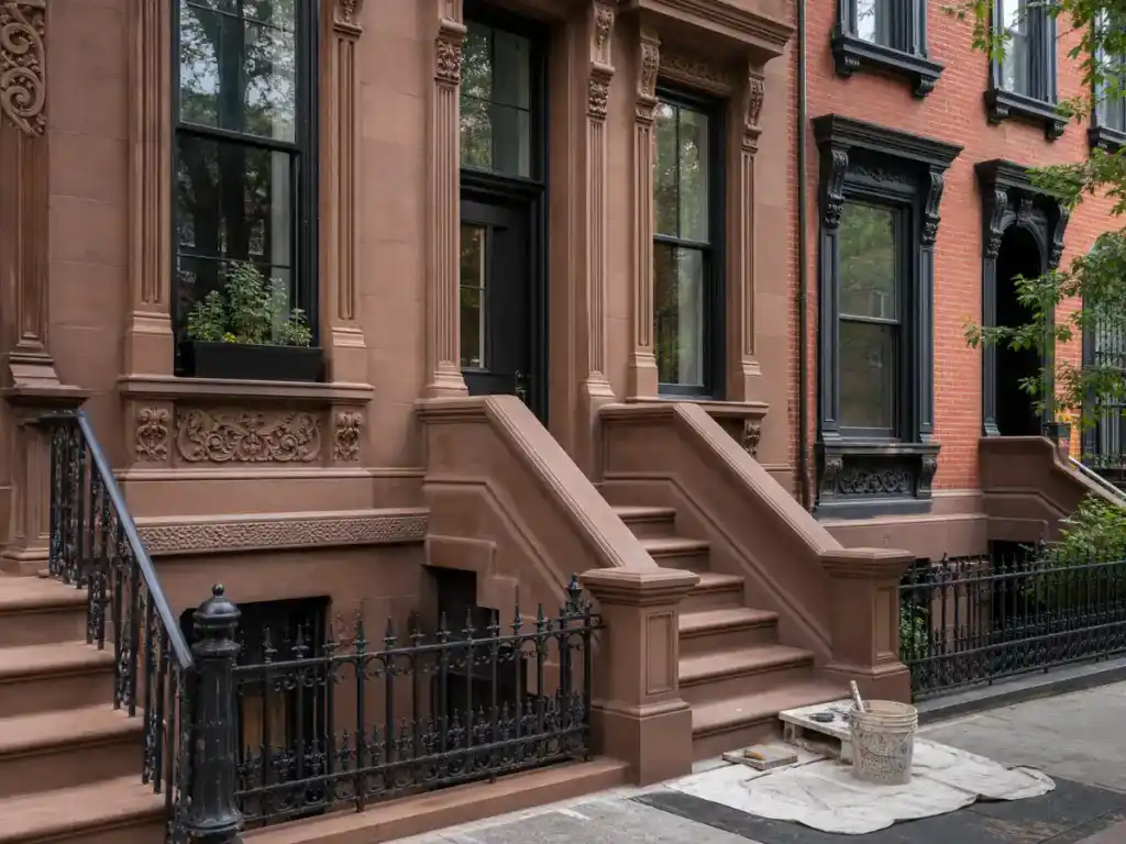 Landmark-compliant brownstone facade and stoop restoration in Brooklyn Heights