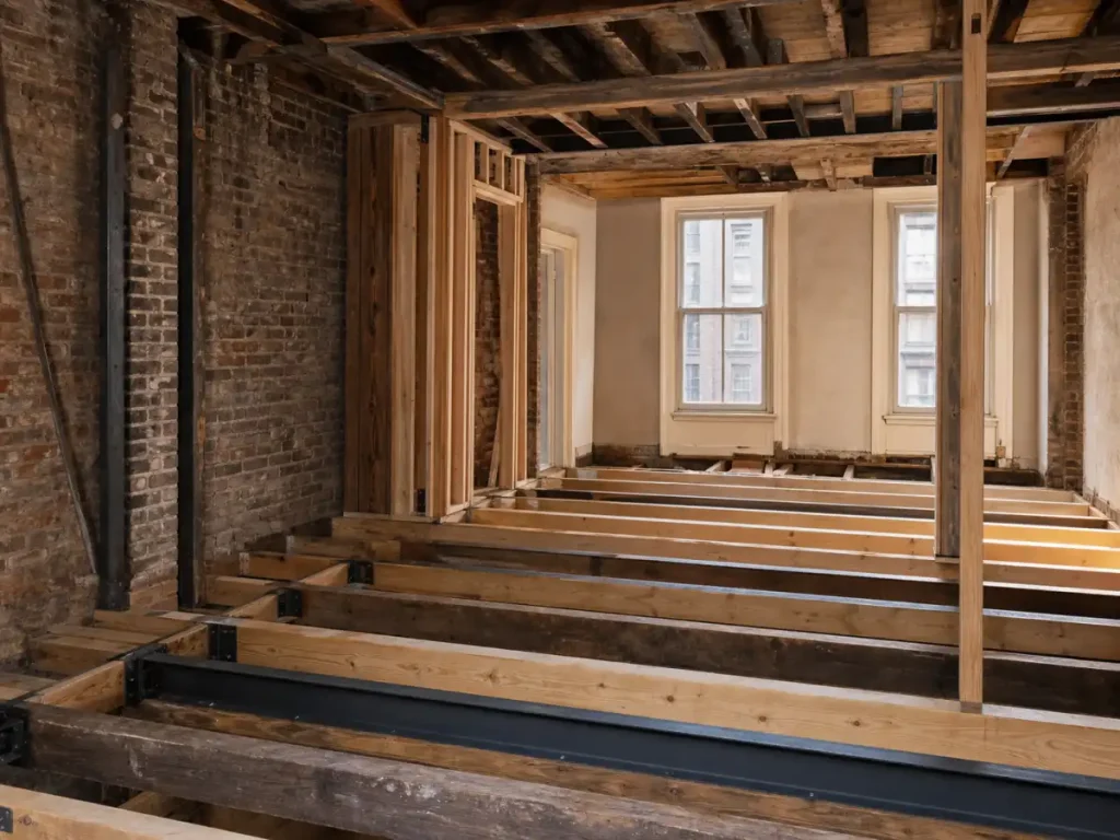 Historic brownstone floor joists reinforced with new lumber and structural steel