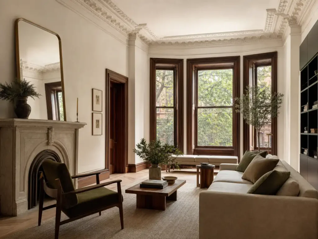 Renovated Brooklyn Heights brownstone parlor with restored woodwork and plaster molding