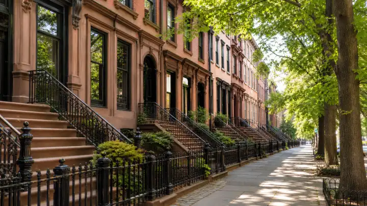 Tree-lined Brooklyn Heights street with historic brownstone row houses and stoops