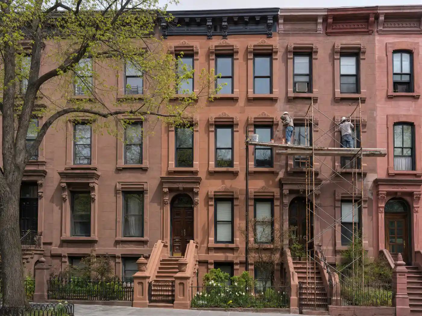 LPC-compliant brownstone facade restoration on a historic Brooklyn block