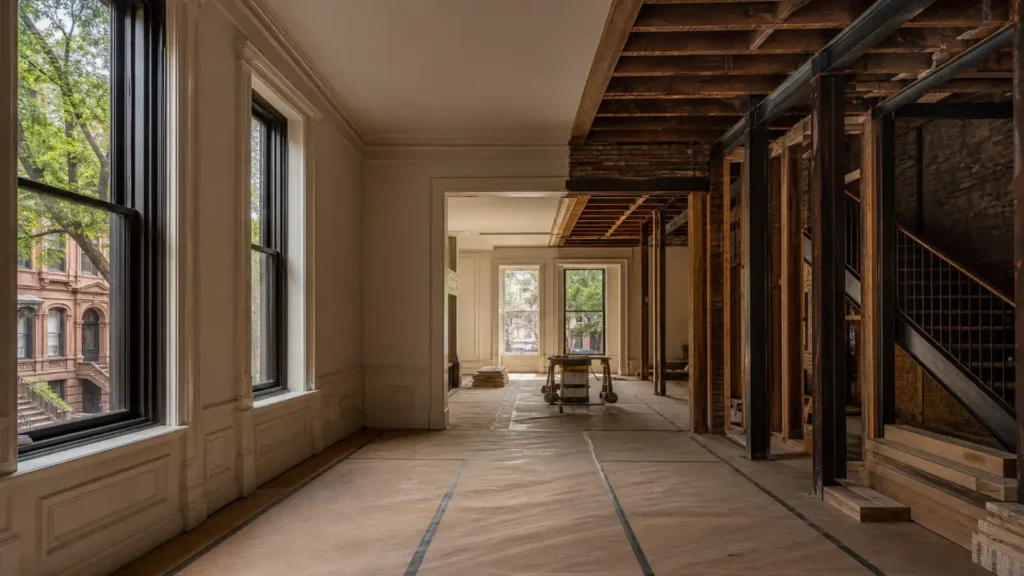Historic Brooklyn brownstone interior during a full structural and finish renovation