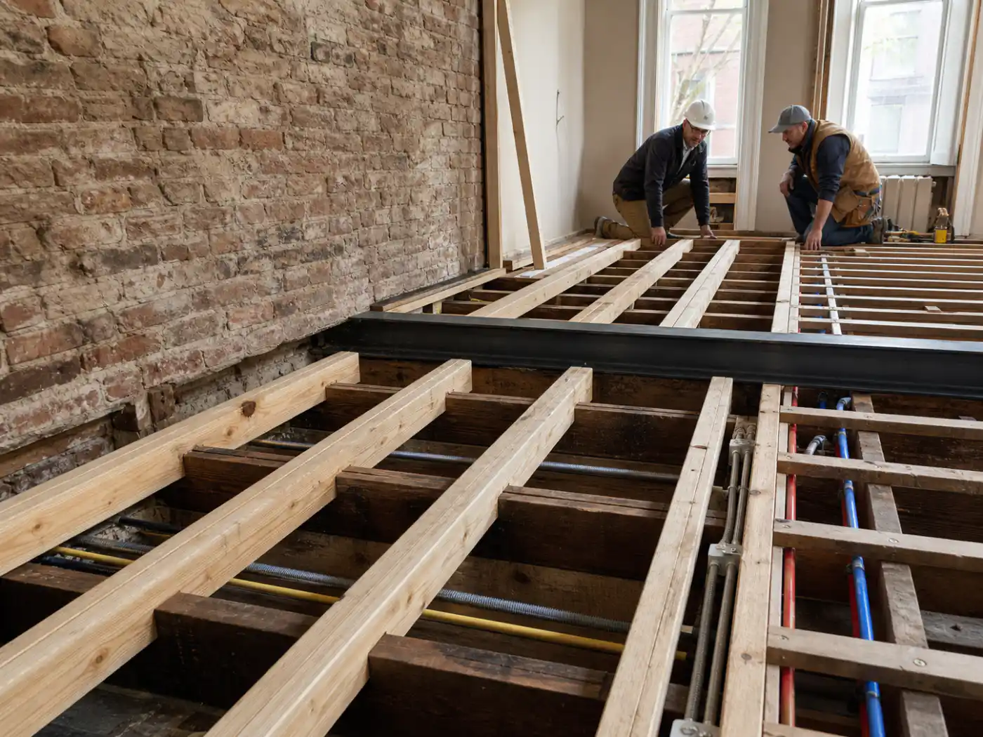 Original brownstone floor joists being professionally reinforced beside a masonry party wall