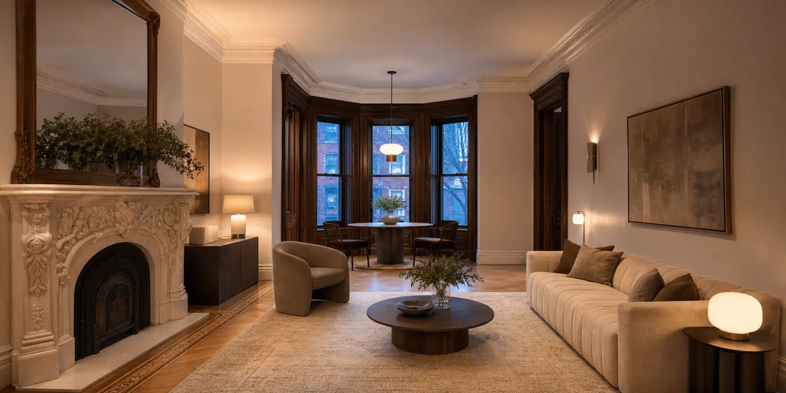 Finished Brooklyn brownstone parlor with restored historic details