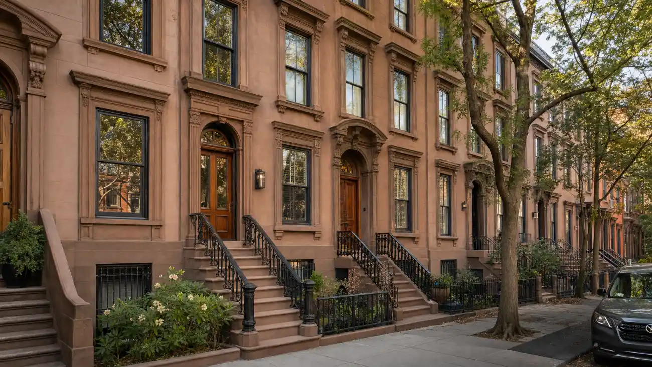 Restored historic Brooklyn brownstone facade on a tree-lined street
