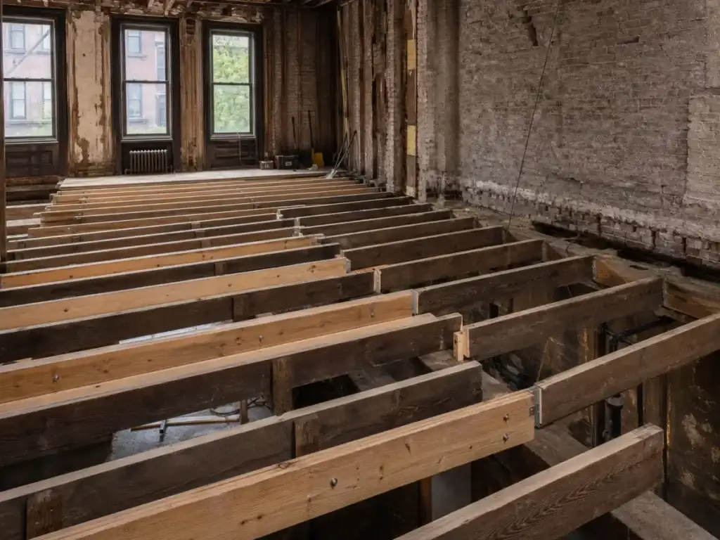 Original Brooklyn brownstone floor joists reinforced with new sister joists
