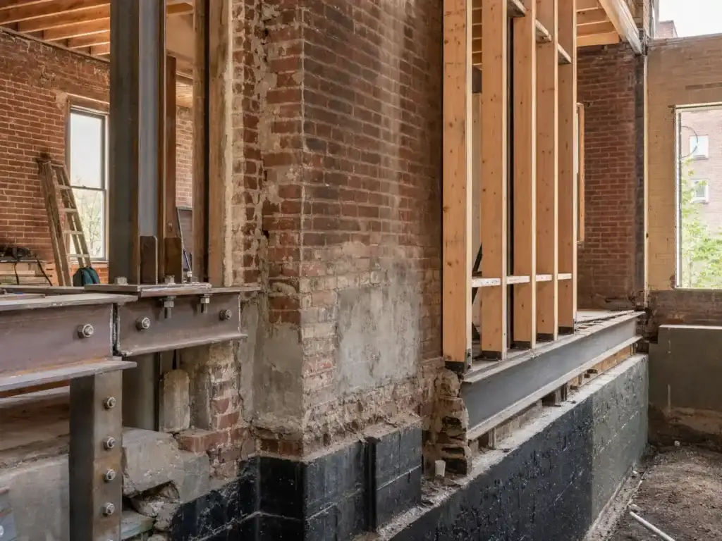 Brownstone party wall and foundation structural reinforcement in progress
