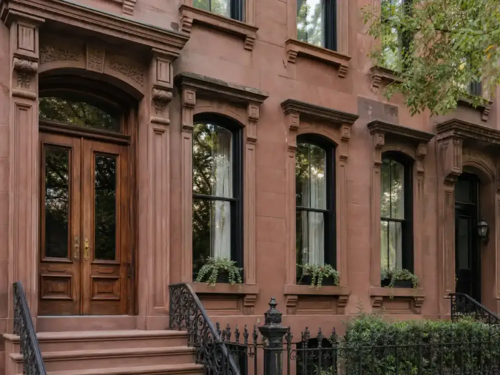 Landmark-compliant brownstone facade, windows, door, stoop, and ironwork