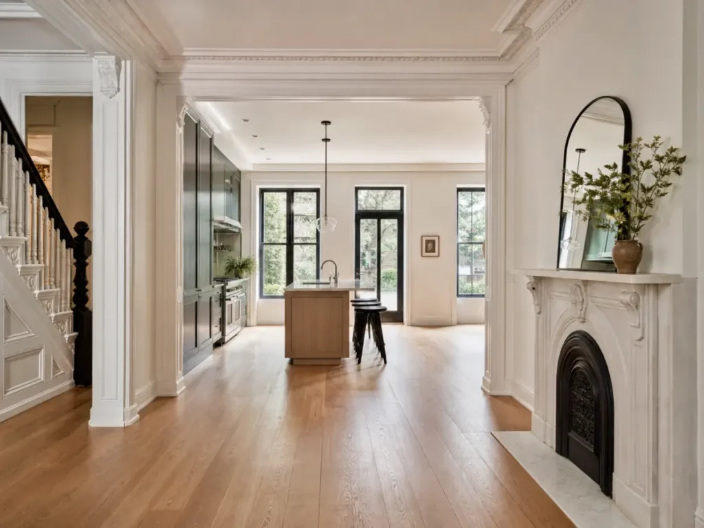 Modern open brownstone layout preserving original moldings and fireplace details