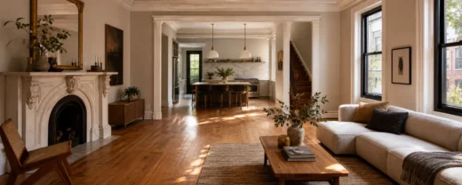 Completed Brooklyn brownstone parlor and open kitchen renovation