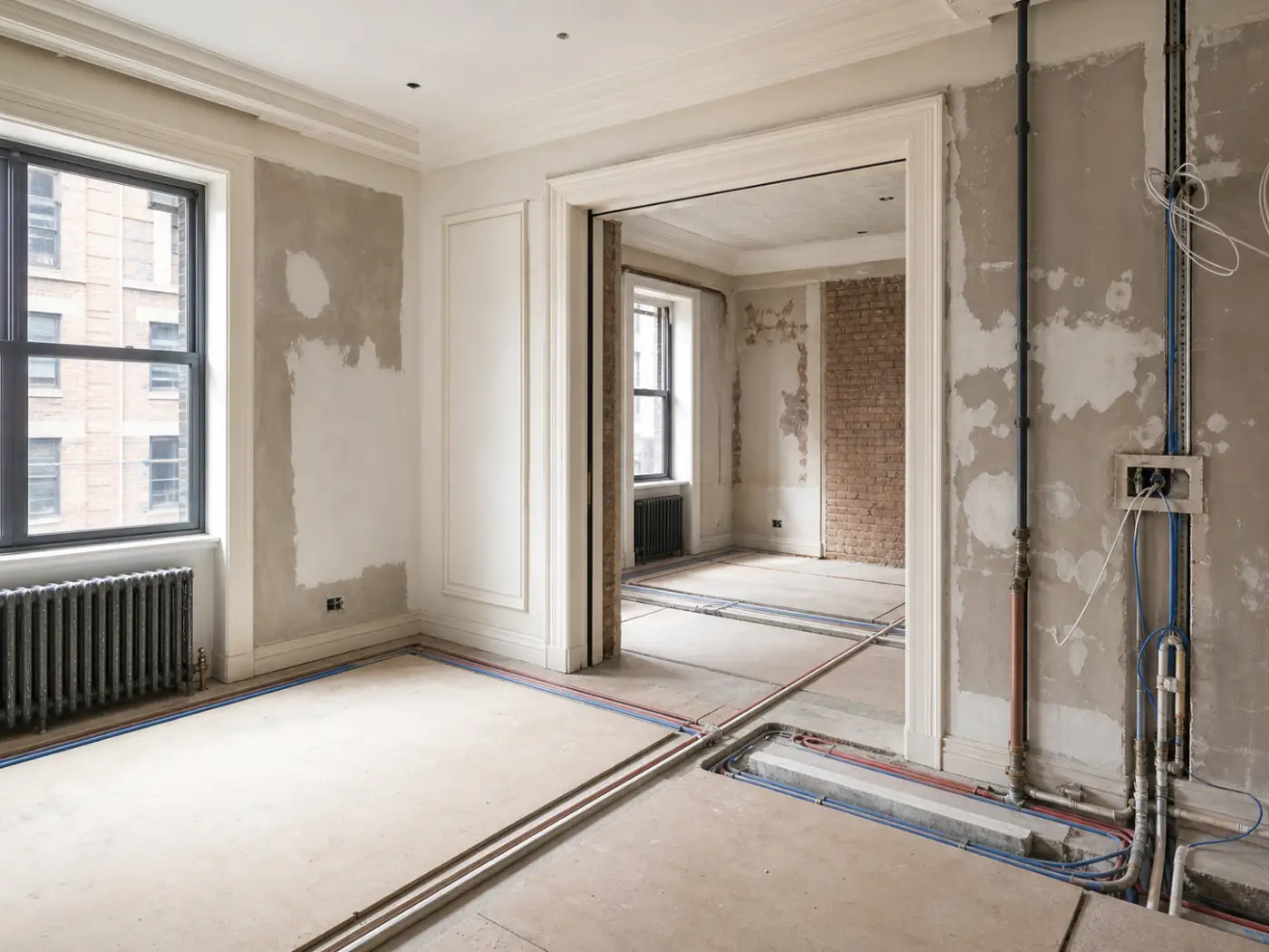 Historic molding, radiator, plumbing, and electrical work during a Manhattan pre-war apartment renovation