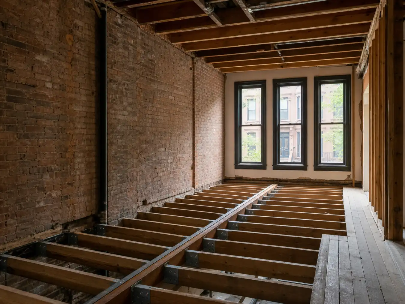 Exposed masonry party wall and reinforced original wood joists in a Brooklyn brownstone renovation