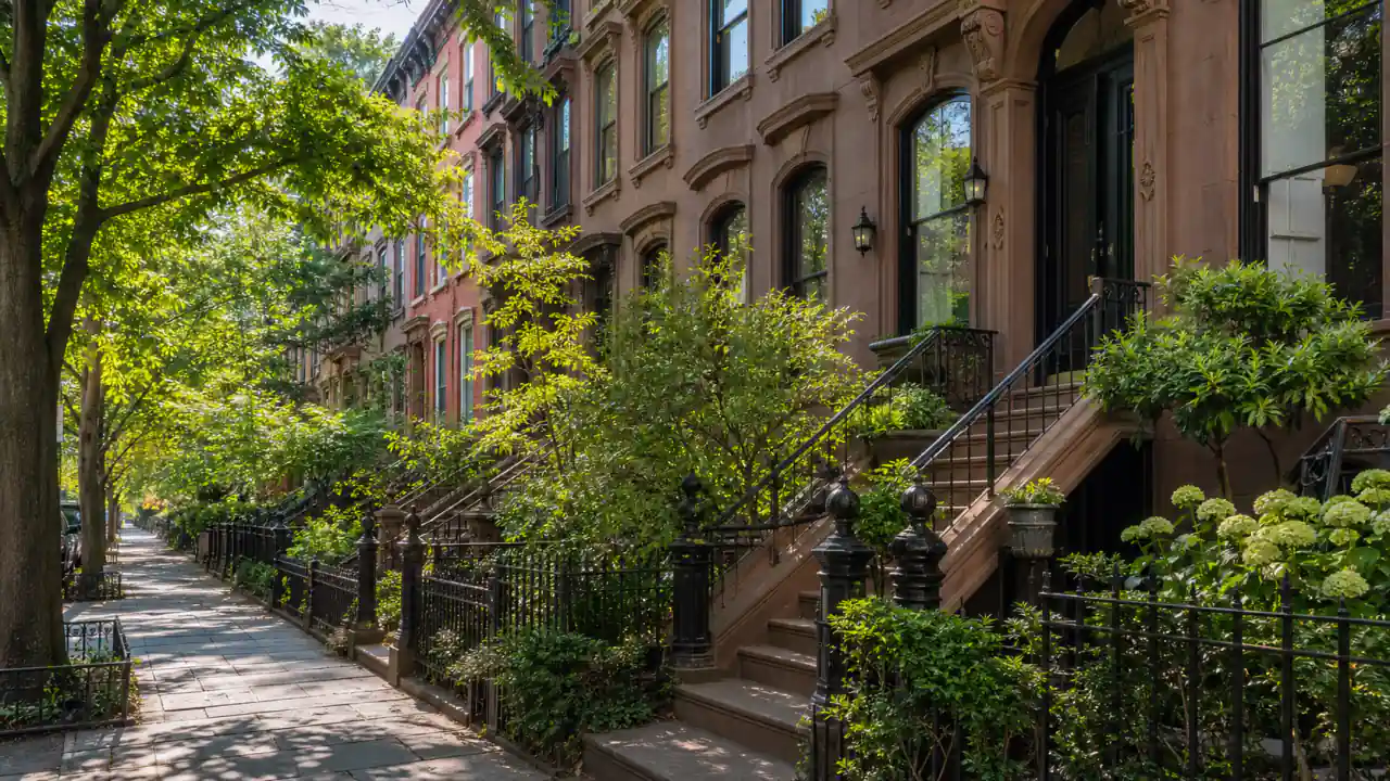 Tree-lined Carroll Gardens block with brownstone row houses, deep front gardens, stoops, and wrought-iron fences