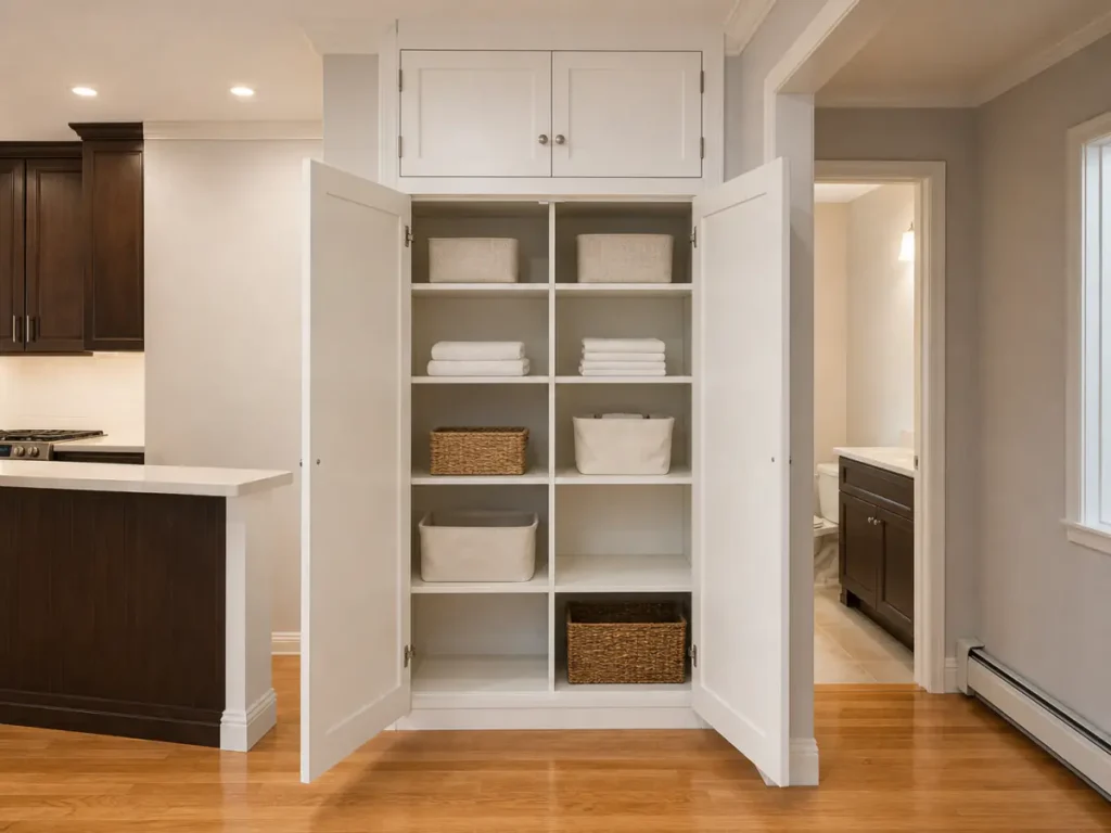 Completed custom built-in storage with painted shelving, white millwork, and hardwood flooring