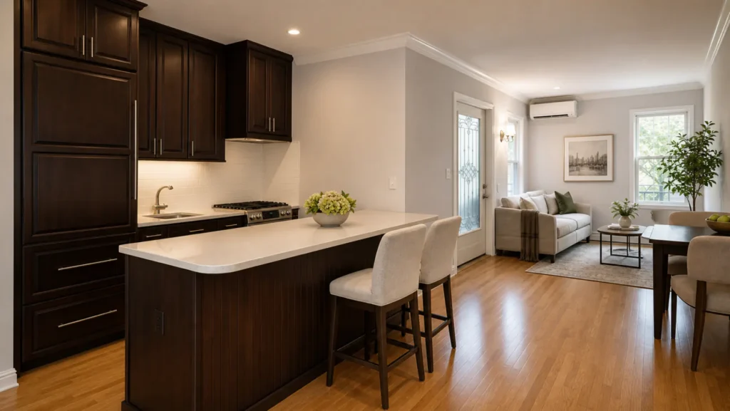 Finished Central Park East apartment with an espresso-wood kitchen, stone peninsula, staged living area, hardwood floors, and traditional trim