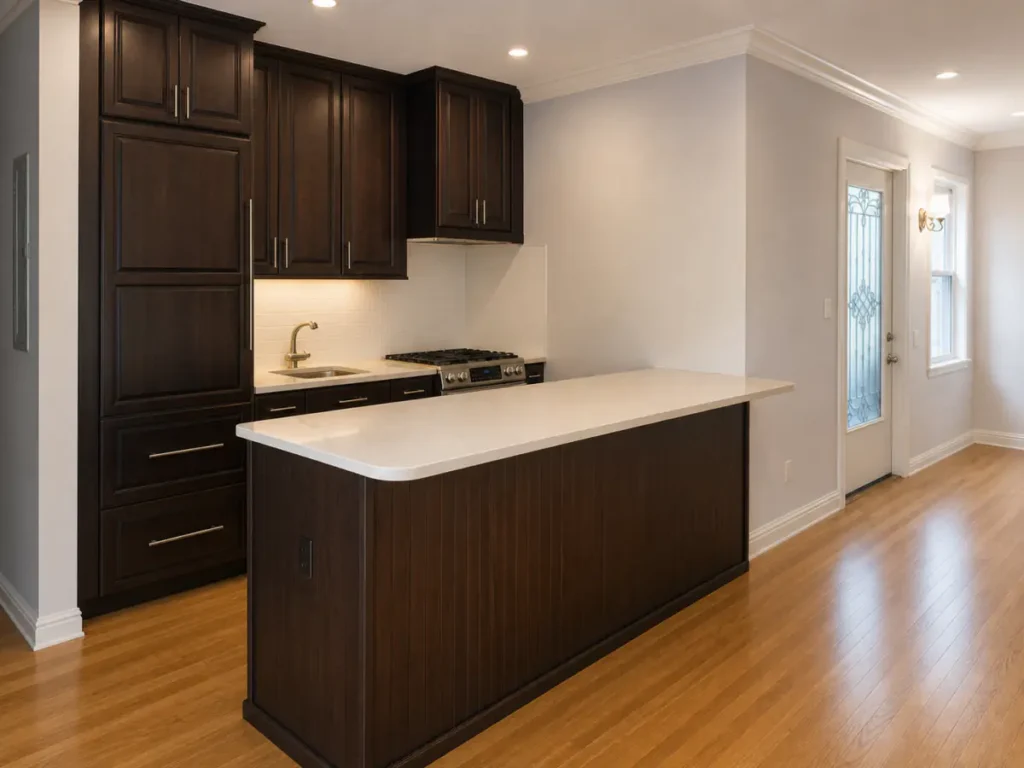 Completed espresso-wood kitchen with pale stone counters, white backsplash, peninsula, and hardwood flooring