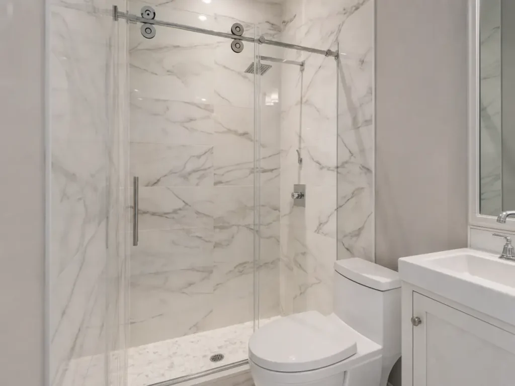 Completed marble walk-in shower with clear sliding glass, chrome rain shower, compact vanity, and toilet