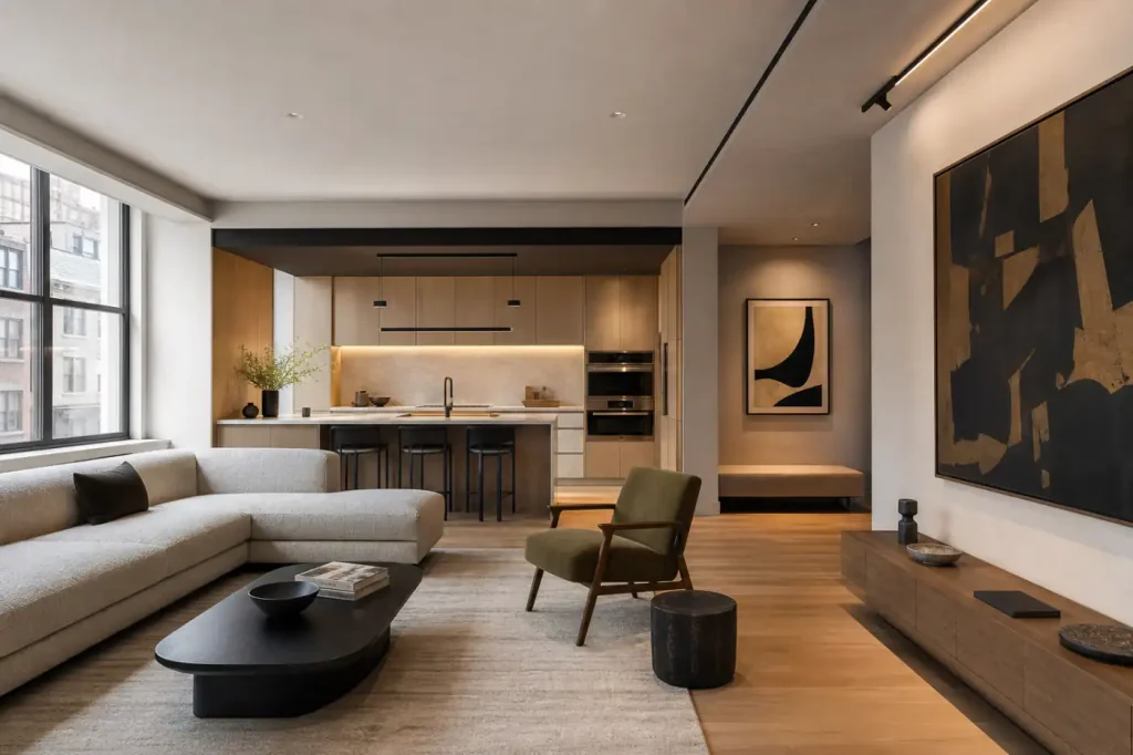 Design-forward Chelsea condo renovation with gallery lighting, custom oak kitchen, natural stone, and clean architectural lines