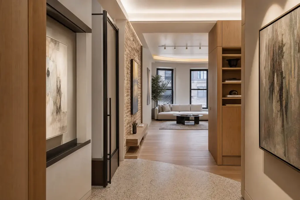 Renovated Chelsea residence with restored brick, integrated millwork, controlled art lighting, and gallery-like proportions