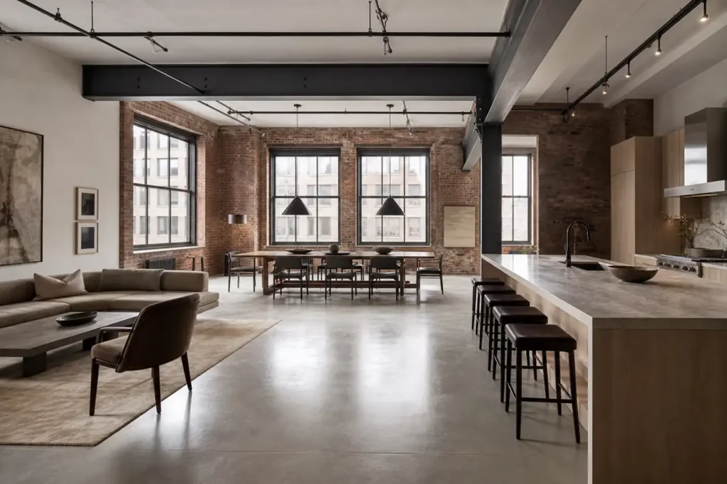 Converted Chelsea industrial loft with exposed brick, steel structure, factory windows, and an open kitchen