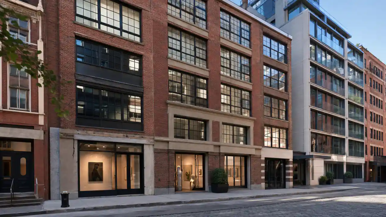 Chelsea streetscape with a converted brick industrial loft, contemporary condo, and understated art gallery frontage