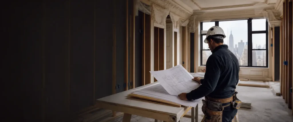 Professional general contractor reviewing architectural plans inside a Manhattan apartment renovation