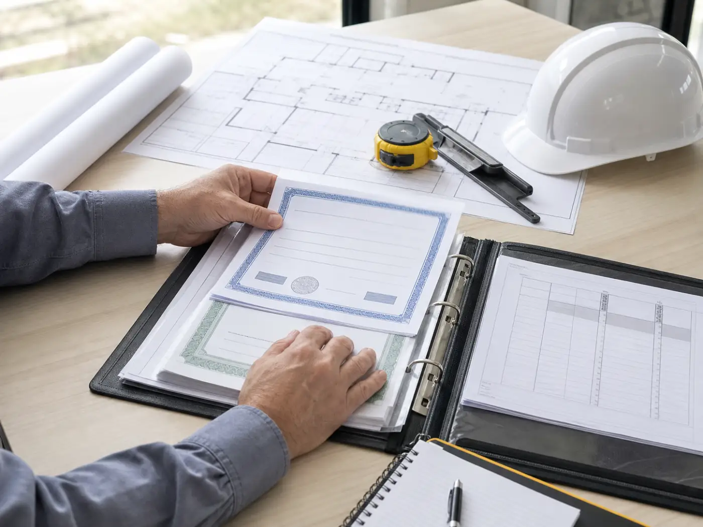 Contractor organizing license and insurance documents with architectural plans and safety equipment