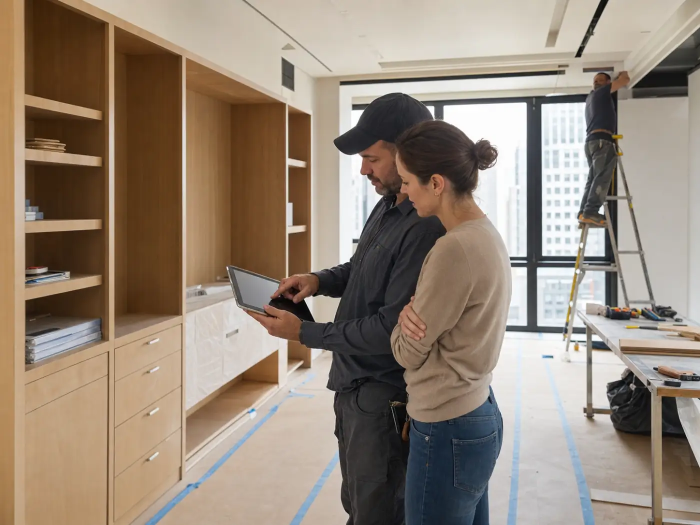 General contractor and homeowner reviewing project details during a Manhattan apartment renovation walkthrough