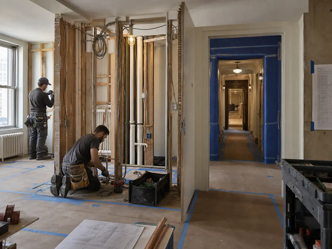 Board-approved electrical and plumbing work inside a protected Manhattan co-op apartment
