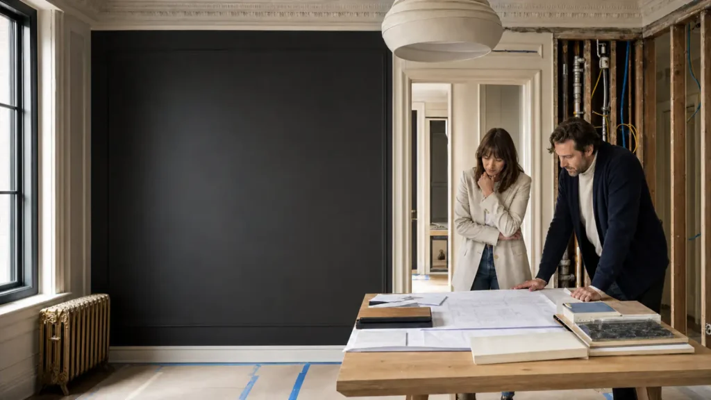 Contractor, architect, and homeowner reviewing plans for a Manhattan co-op renovation