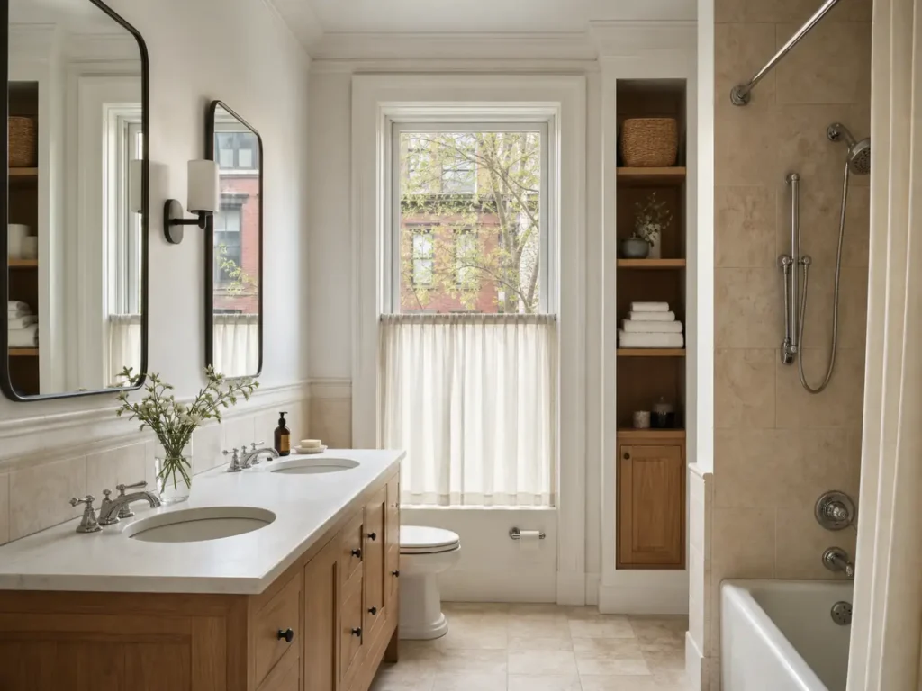 Family bathroom with double vanity and natural stone inside a Cobble Hill brownstone