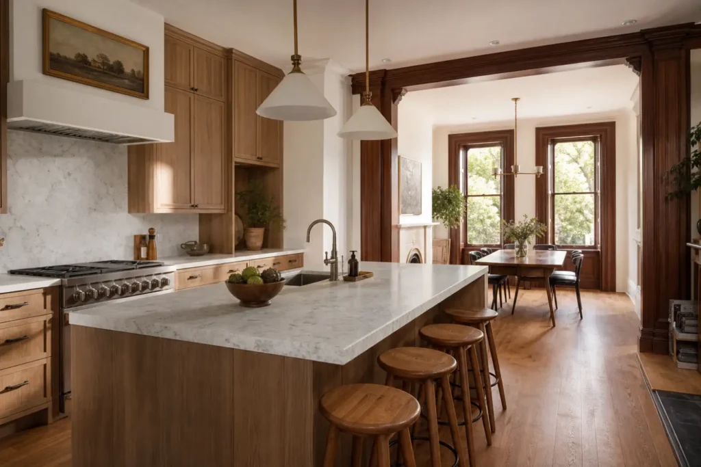 Expanded family kitchen and dining room inside a renovated Cobble Hill brownstone