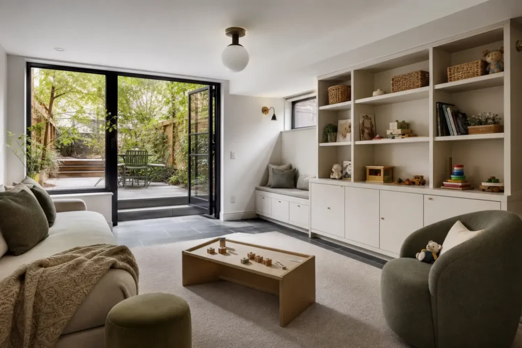 Finished Cobble Hill garden level designed as a family playroom and guest space