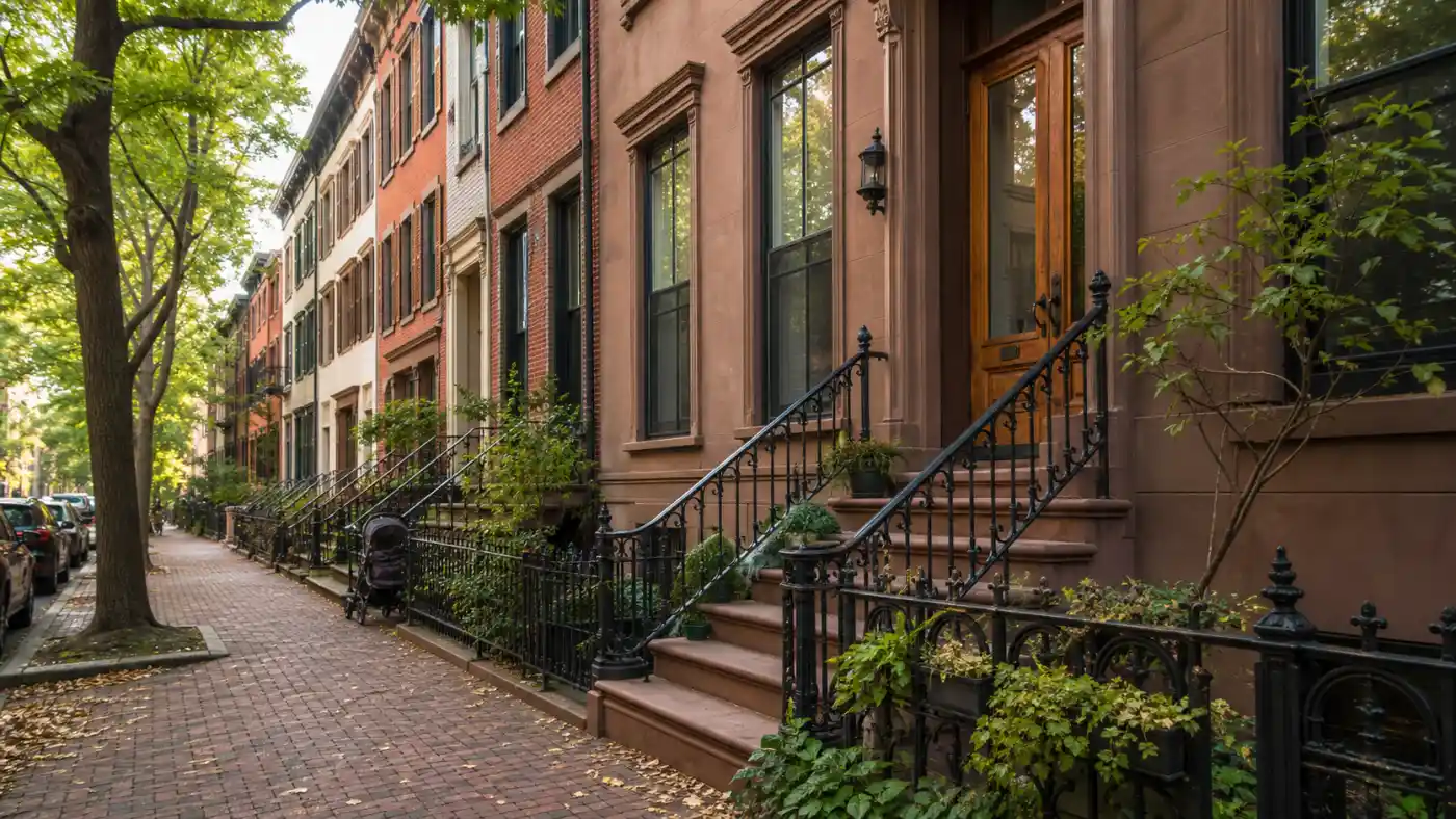 Tree-lined Cobble Hill street with historic brownstones, stoops, and iron railings
