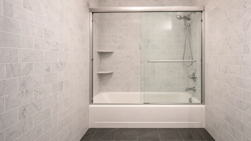 Completed new bathroom addition in a Long Island home with marble-tiled tub and shower