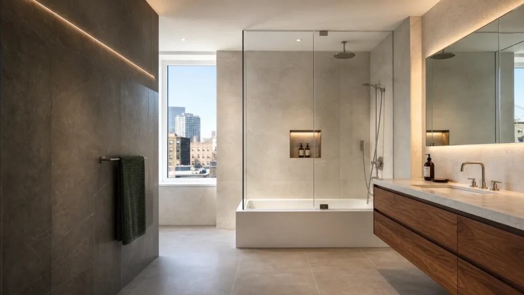 Illustrative contemporary NYC bathroom renovation with a bathtub, glass shower enclosure, natural stone, and walnut vanity