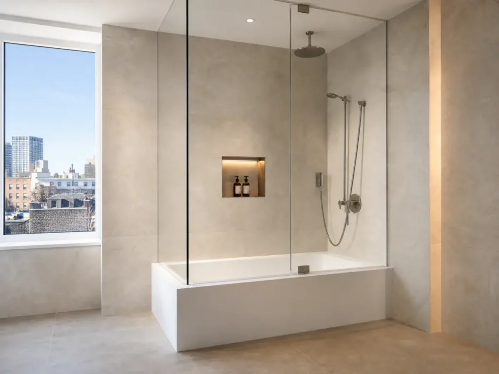 Matching bathtub and shower with frameless glass, natural stone, brushed-metal fixtures, and illuminated niche