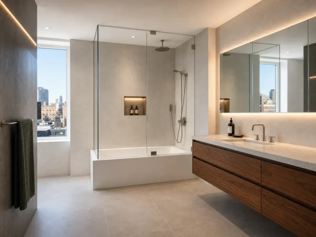 Coordinated bathroom overview with stone tub and shower, walnut vanity, NYC window, and charcoal feature wall