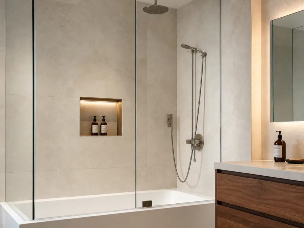 Matching shower detail with natural stone, illuminated niche, frameless glass, and brushed-metal fixtures