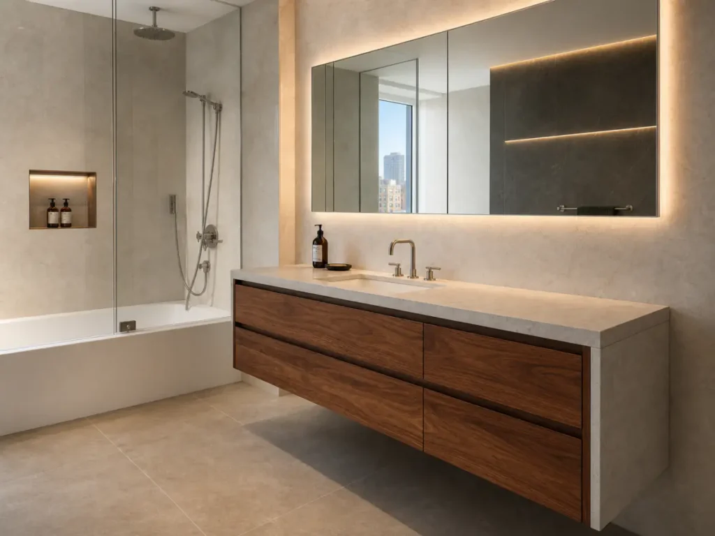 Matching walnut floating vanity with pale stone counter, brushed-metal faucet, and backlit mirror