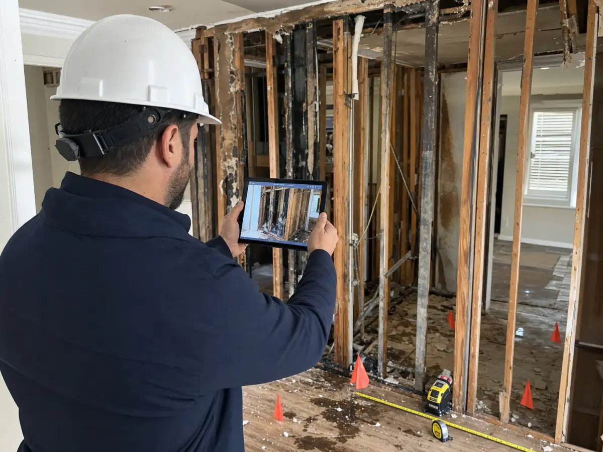 Project manager documenting exposed fire damage for an itemized insurance scope