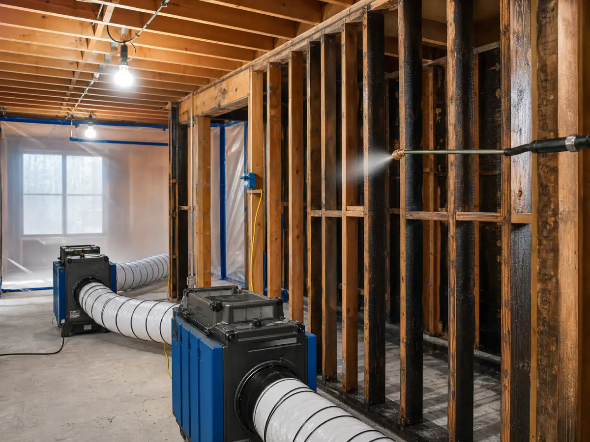Professional air scrubbers and framing treatment during smoke and odor remediation