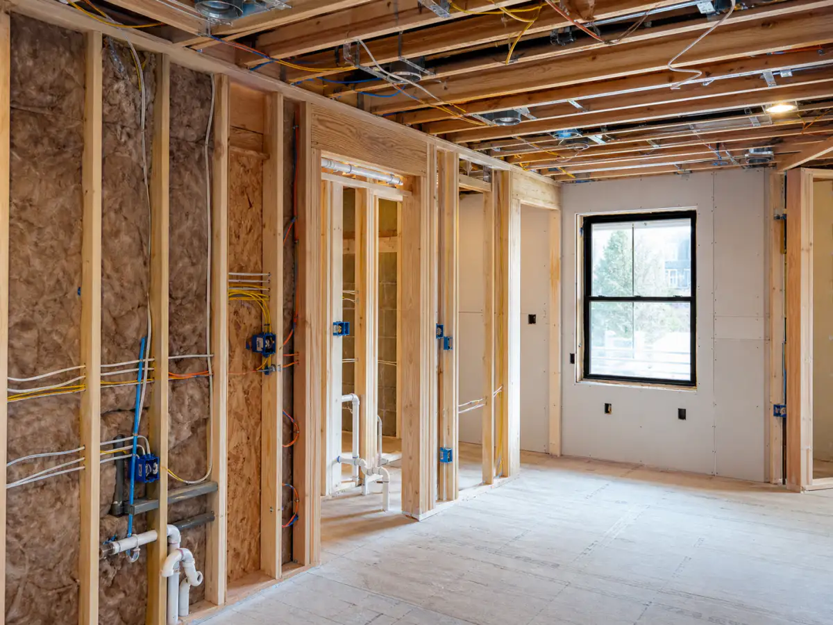 New framing, electrical, plumbing, insulation, and drywall during a residential fire rebuild