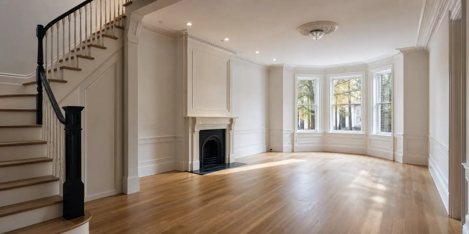 Fully restored New York townhouse living room with rebuilt millwork and flooring