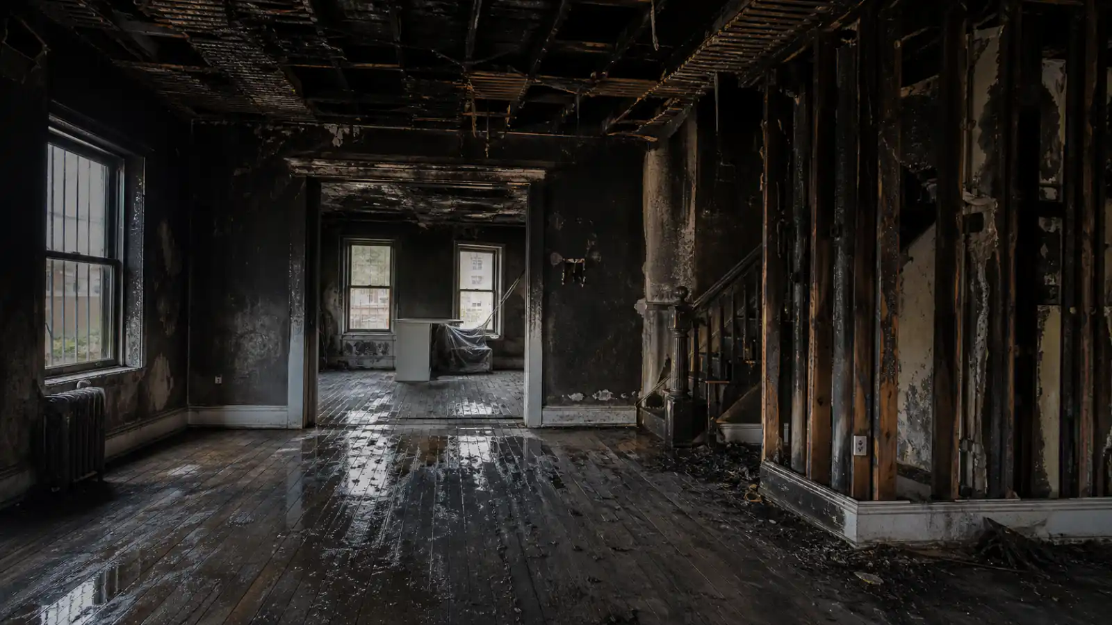 Fire-damaged New York townhouse interior secured for structural assessment