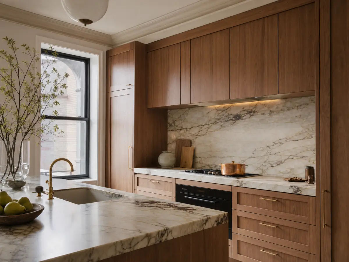 Custom millwork and natural stone finishes in a completed NYC kitchen renovation